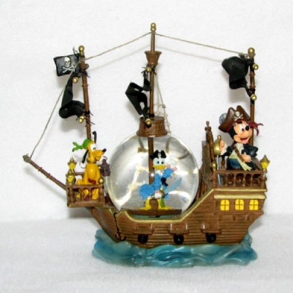 Disney Snow Globe - Black Pearl Pirate Ship - Mickey, Donald & Pluto